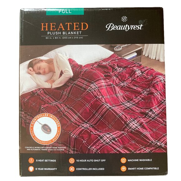 Beautyrest Heated Plush Blanket Full-Smart home compatible -80" x 84" -Red Plaid - Picture 1 of 5